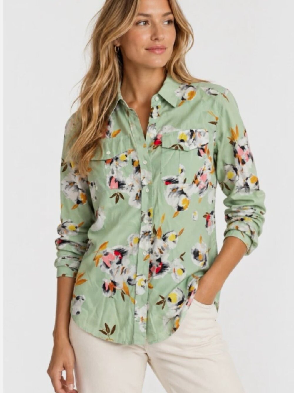 Lauren Ralph Lauren Mint Green Floral 100% Cotton Voile Shirt Small